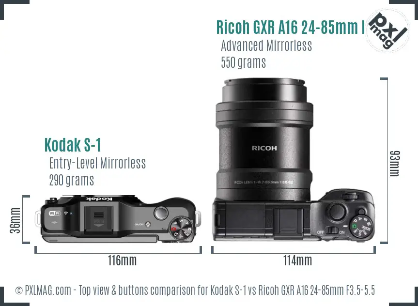 Kodak S-1 vs Ricoh GXR A16 24-85mm F3.5-5.5 top view buttons comparison