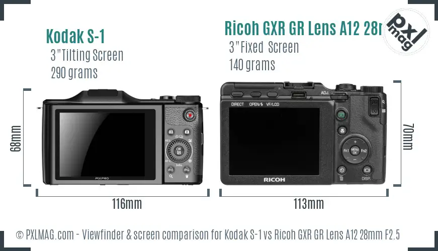 Kodak S-1 vs Ricoh GXR GR Lens A12 28mm F2.5 Screen and Viewfinder comparison
