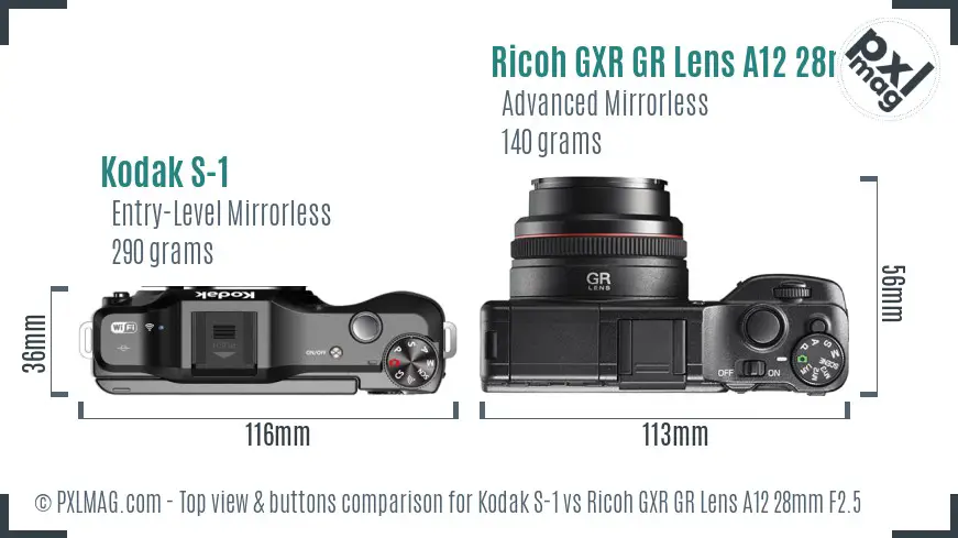 Kodak S-1 vs Ricoh GXR GR Lens A12 28mm F2.5 top view buttons comparison