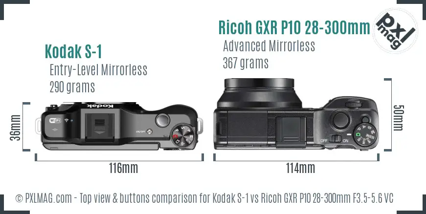 Kodak S-1 vs Ricoh GXR P10 28-300mm F3.5-5.6 VC top view buttons comparison