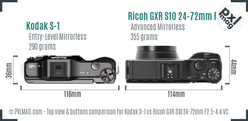 Kodak S-1 vs Ricoh GXR S10 24-72mm F2.5-4.4 VC top view buttons comparison Kodak S-1 vs Ricoh GXR S10 24-72mm F2.5-4.4 VC top view buttons comparison