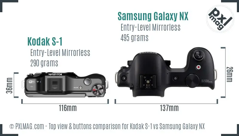 Kodak S-1 vs Samsung Galaxy NX top view buttons comparison Kodak S-1 vs Samsung Galaxy NX top view buttons comparison