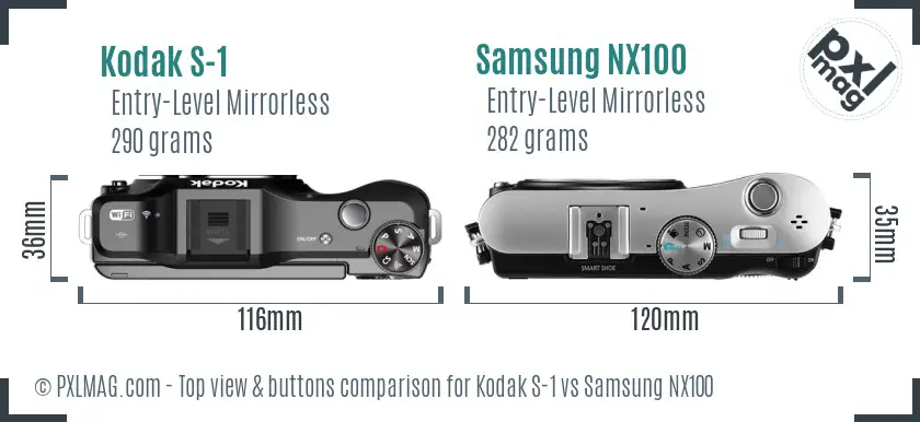 Kodak S-1 vs Samsung NX100 top view buttons comparison Kodak S-1 vs Samsung NX100 top view buttons comparison