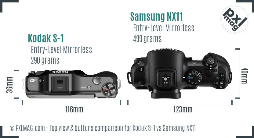 Kodak S-1 vs Samsung NX11 top view buttons comparison Kodak S-1 vs Samsung NX11 top view buttons comparison