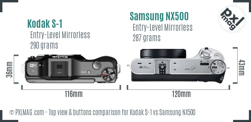 Kodak S-1 vs Samsung NX500 top view buttons comparison