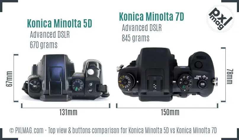Konica Minolta 5D vs Konica Minolta 7D top view buttons comparison