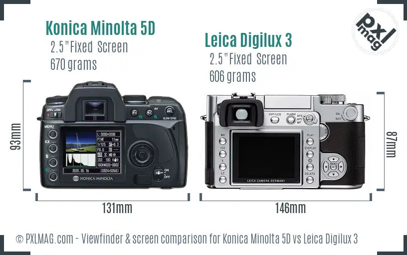 Konica Minolta 5D vs Leica Digilux 3 Screen and Viewfinder comparison