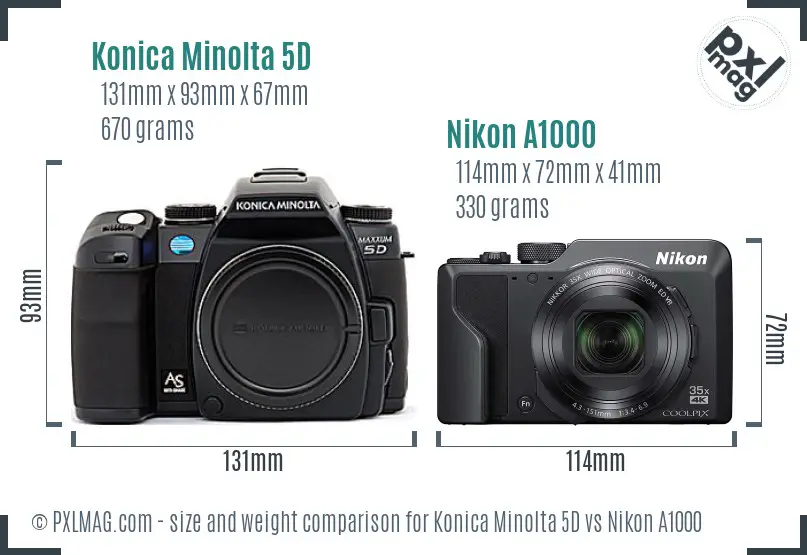Konica Minolta 5D vs Nikon A1000 size comparison