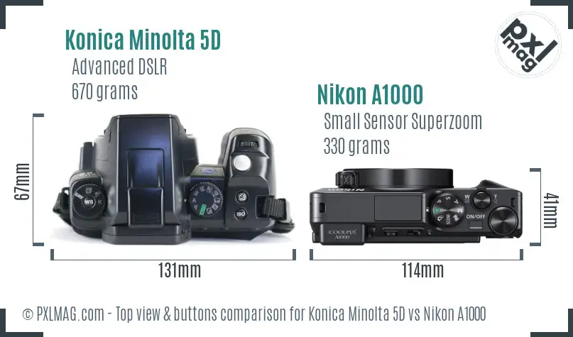Konica Minolta 5D vs Nikon A1000 top view buttons comparison