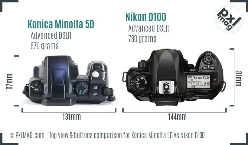 Konica Minolta 5D vs Nikon D100 top view buttons comparison