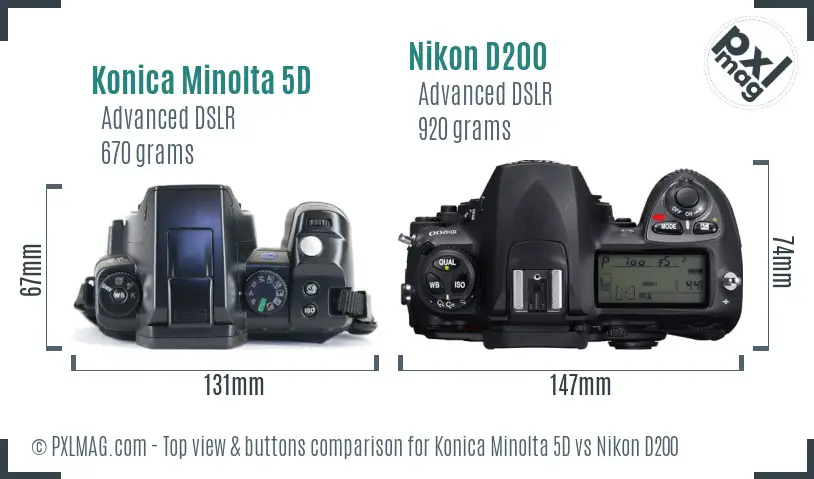 Konica Minolta 5D vs Nikon D200 top view buttons comparison