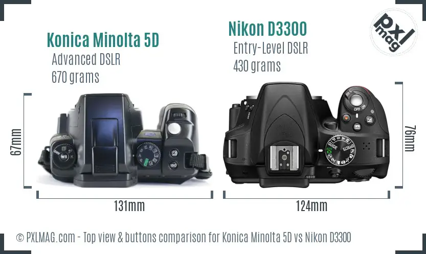 Konica Minolta 5D vs Nikon D3300 top view buttons comparison