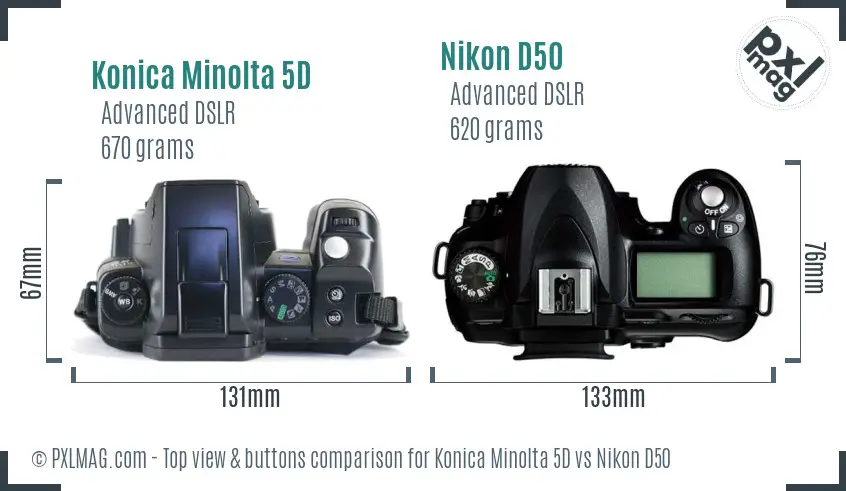 Konica Minolta 5D vs Nikon D50 top view buttons comparison