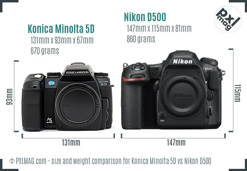 Konica Minolta 5D vs Nikon D500 size comparison