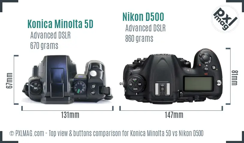 Konica Minolta 5D vs Nikon D500 top view buttons comparison