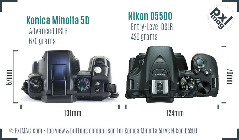 Konica Minolta 5D vs Nikon D5500 top view buttons comparison