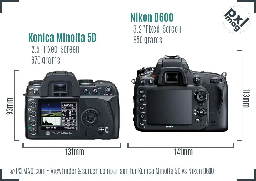 Konica Minolta 5D vs Nikon D600 Screen and Viewfinder comparison