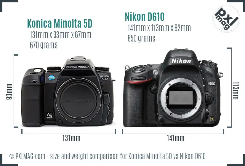 Konica Minolta 5D vs Nikon D610 size comparison