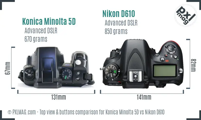 Konica Minolta 5D vs Nikon D610 top view buttons comparison