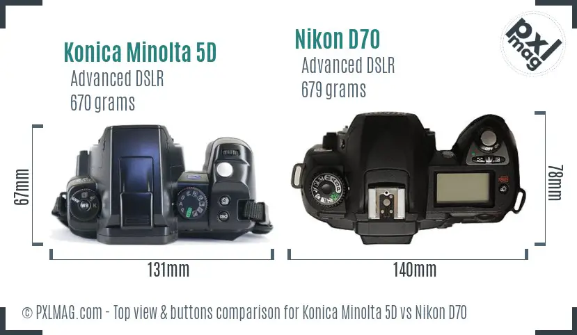 Konica Minolta 5D vs Nikon D70 top view buttons comparison