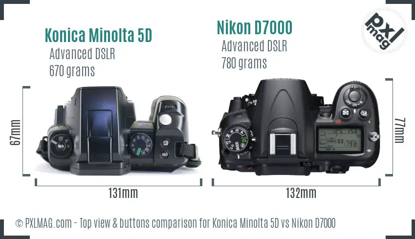 Konica Minolta 5D vs Nikon D7000 top view buttons comparison