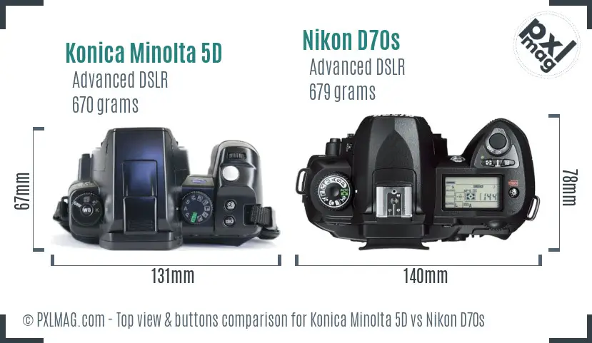 Konica Minolta 5D vs Nikon D70s top view buttons comparison
