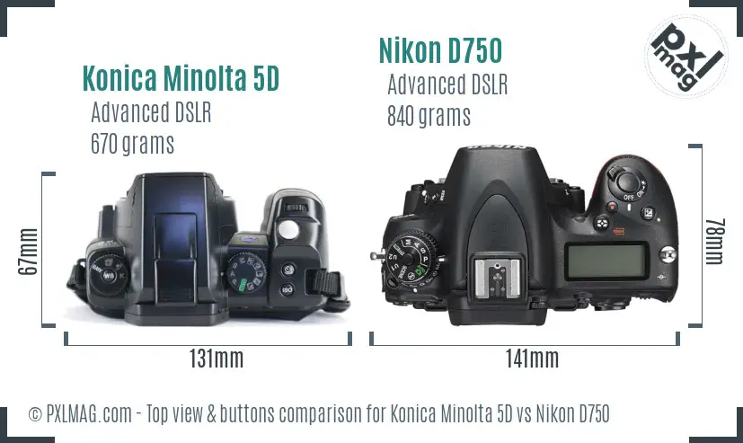 Konica Minolta 5D vs Nikon D750 top view buttons comparison