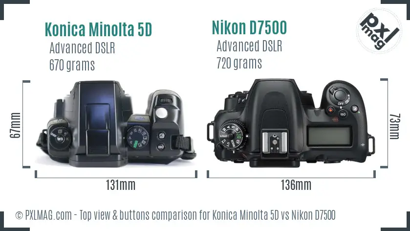 Konica Minolta 5D vs Nikon D7500 top view buttons comparison