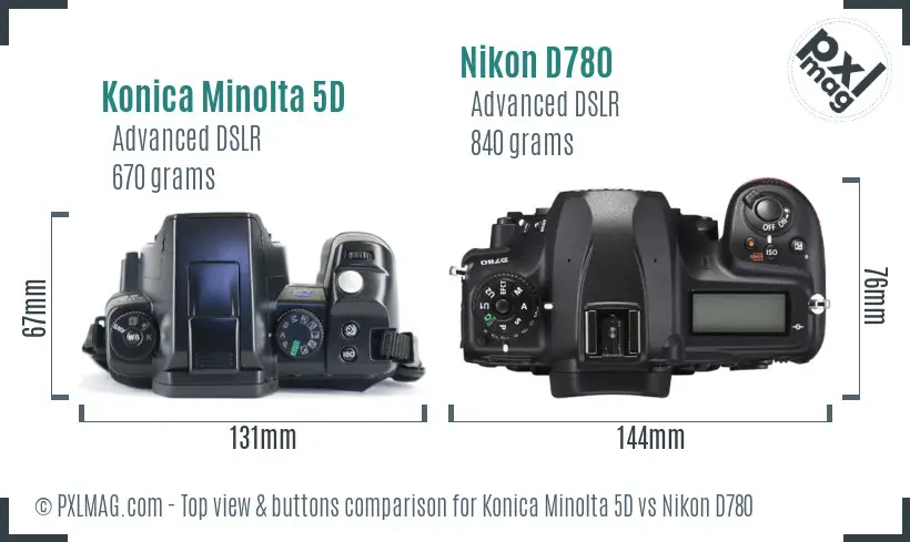 Konica Minolta 5D vs Nikon D780 top view buttons comparison