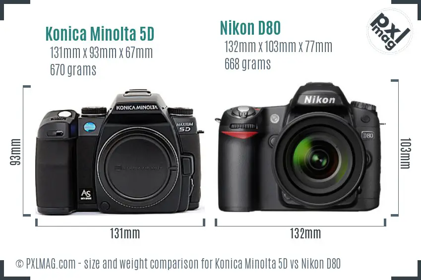 Konica Minolta 5D vs Nikon D80 size comparison