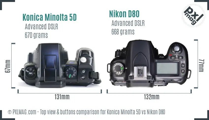 Konica Minolta 5D vs Nikon D80 top view buttons comparison