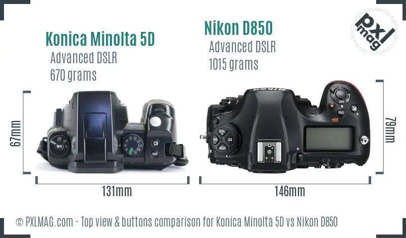 Konica Minolta 5D vs Nikon D850 top view buttons comparison