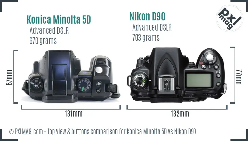 Konica Minolta 5D vs Nikon D90 top view buttons comparison