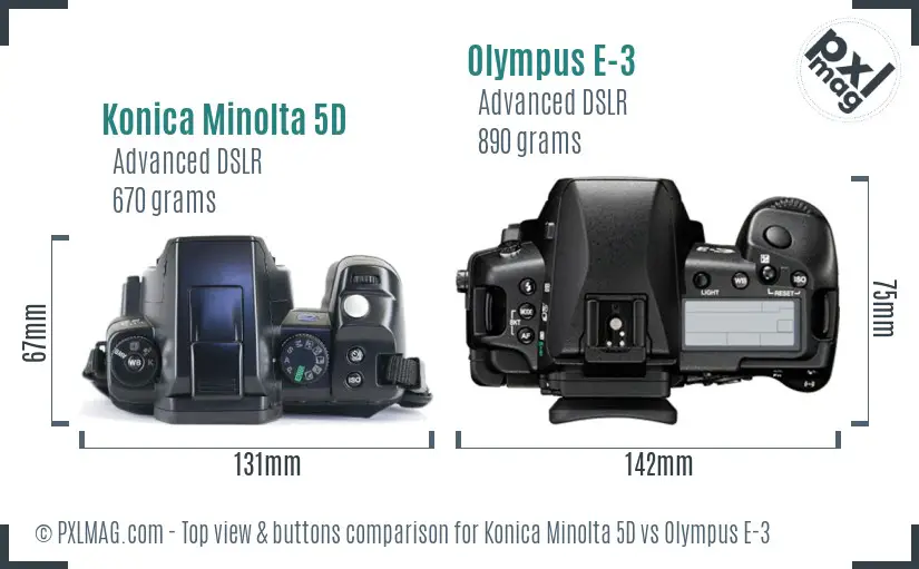 Konica Minolta 5D vs Olympus E-3 top view buttons comparison