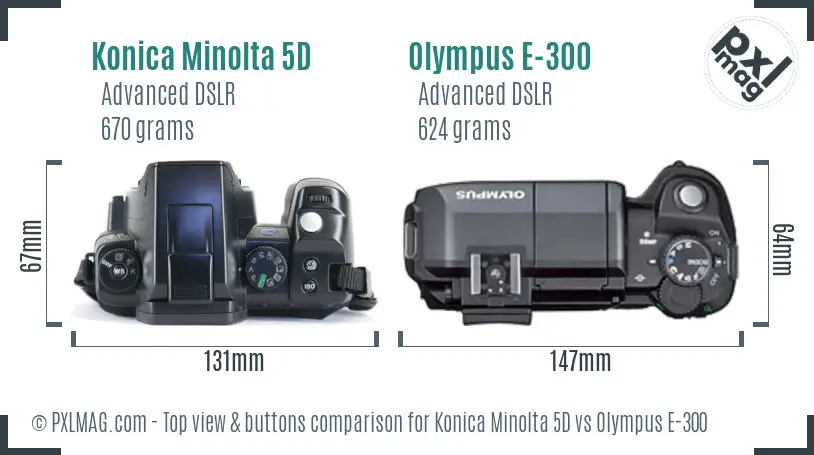 Konica Minolta 5D vs Olympus E-300 top view buttons comparison