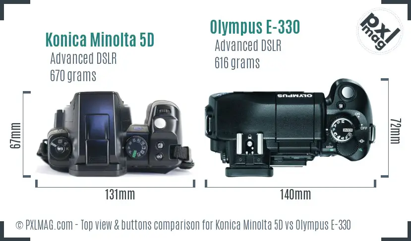 Konica Minolta 5D vs Olympus E-330 top view buttons comparison