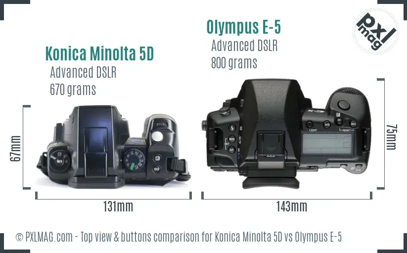 Konica Minolta 5D vs Olympus E-5 top view buttons comparison