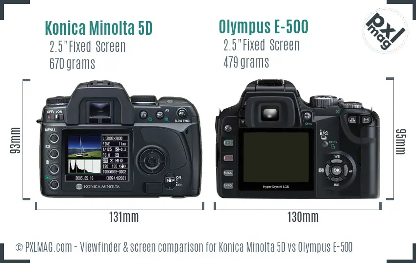 Konica Minolta 5D vs Olympus E-500 Screen and Viewfinder comparison