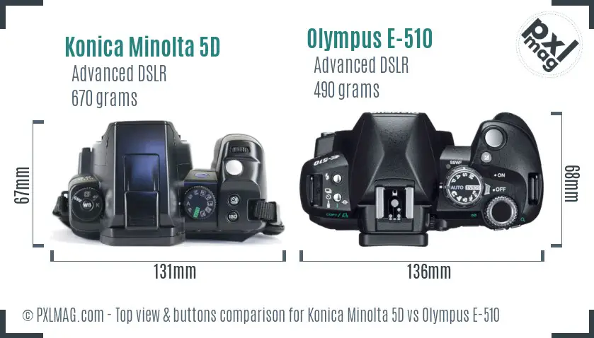 Konica Minolta 5D vs Olympus E-510 top view buttons comparison