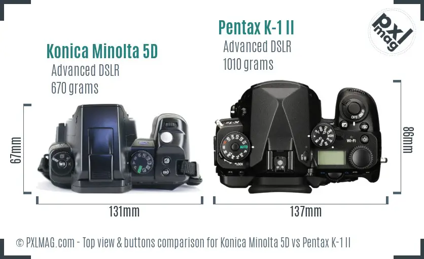 Konica Minolta 5D vs Pentax K-1 II top view buttons comparison