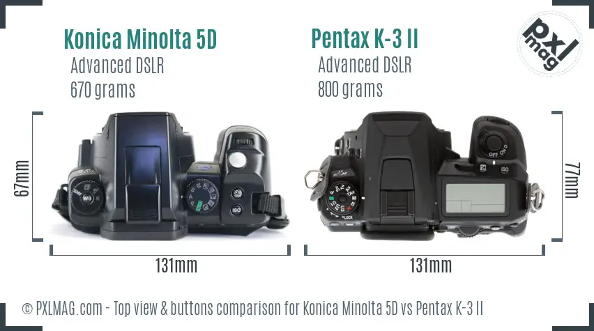 Konica Minolta 5D vs Pentax K-3 II top view buttons comparison
