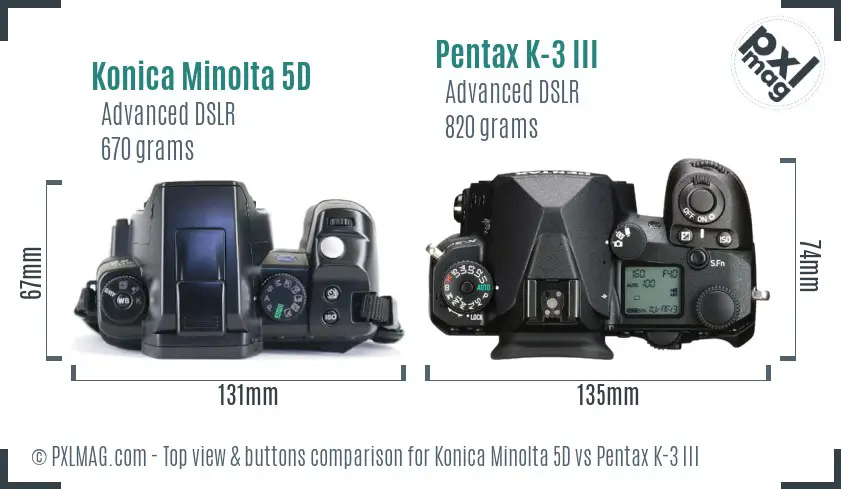 Konica Minolta 5D vs Pentax K-3 III top view buttons comparison