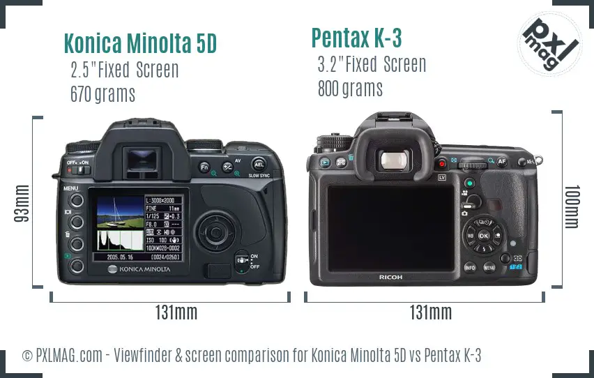 Konica Minolta 5D vs Pentax K-3 Screen and Viewfinder comparison