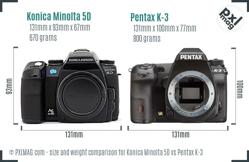 Konica Minolta 5D vs Pentax K-3 size comparison