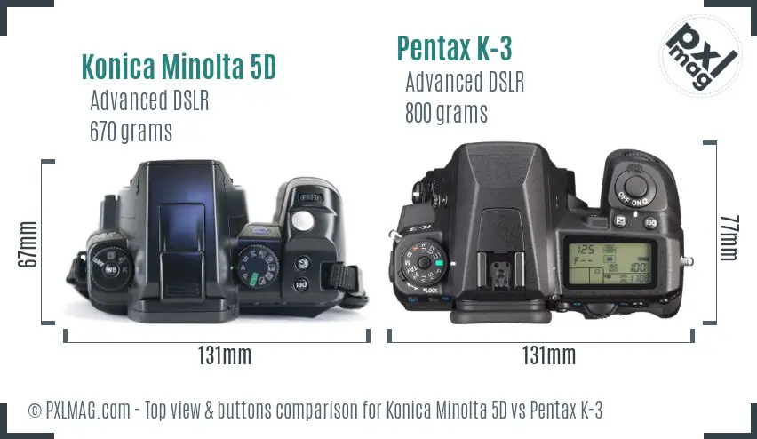 Konica Minolta 5D vs Pentax K-3 top view buttons comparison