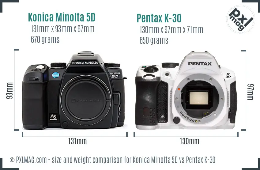 Konica Minolta 5D vs Pentax K-30 size comparison