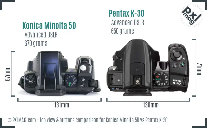 Konica Minolta 5D vs Pentax K-30 top view buttons comparison