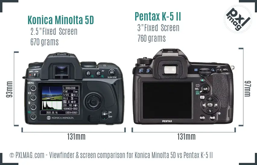 Konica Minolta 5D vs Pentax K-5 II Screen and Viewfinder comparison
