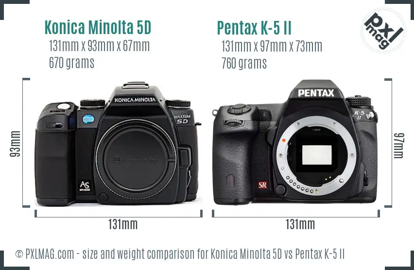 Konica Minolta 5D vs Pentax K-5 II size comparison