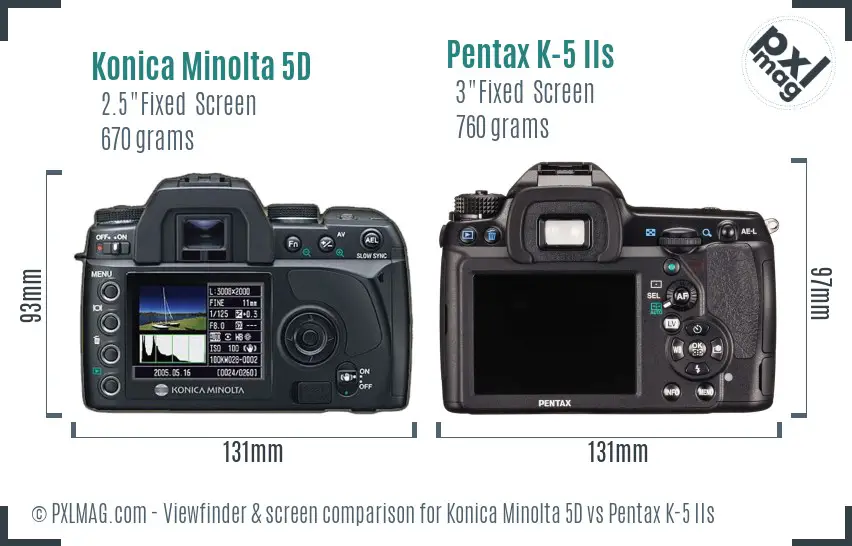 Konica Minolta 5D vs Pentax K-5 IIs Screen and Viewfinder comparison